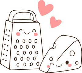 Cute cheese grater and cheese illustration with hearts, perfect for kitchen lovers