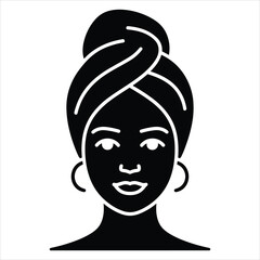 Black silhouette vector of a top-down face icon of a woman with a towel wrapped around her head, spa style