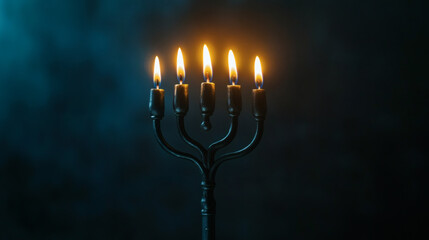 Fototapeta premium burning,Hanukkah,candle in Menorah,faith, festival, flames, glow, judaism, lit, magical, culture, traditional, brass, religious,One 