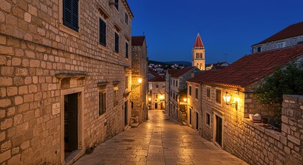 Naklejka premium Twilight Glow: Serene Stone Street, Charming Croatian Architecture