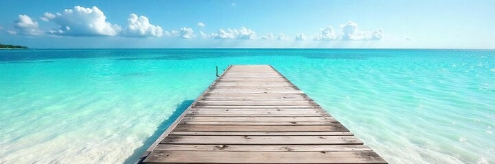 Obraz premium Serene beach dock extending into calm turquoise water, sun-drenched wood planks, tranquil ocean scene perfect for relaxation and summer vacations , water, tropical, coast