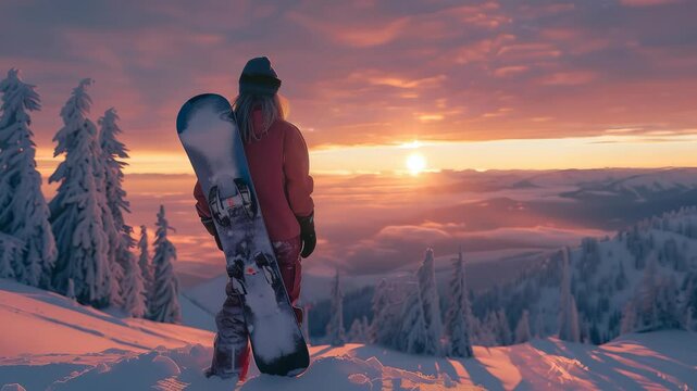 A lone snowboarder pauses atop a snow-covered peak, gazing at a stunning sunset over a mountainous landscape. The scene exudes tranquility and adventure in a picturesque winter setting.