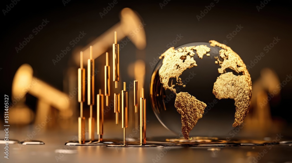 Poster petroleum economy influence fossil refinery and crude market concept. stylized golden globe with fin