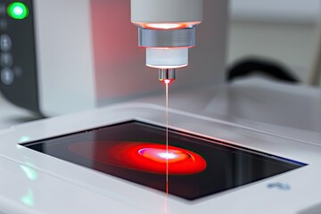 High-tech diagnostic device using laser to analyze blood sample in lab setting.