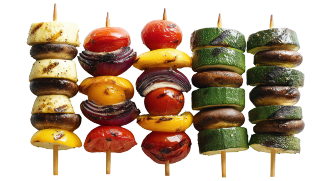 Colorful vegetable skewers arranged on a white isolated background.