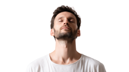 Confident man closing eyes, relaxed expression, white isolate background.