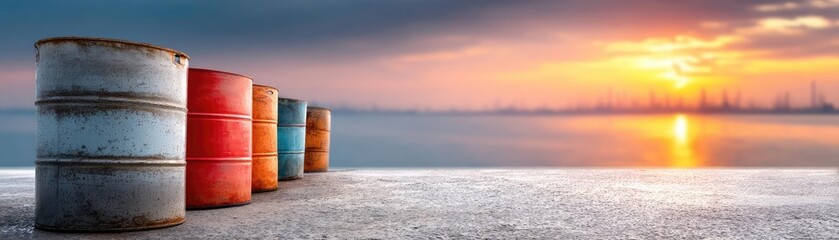 Naklejka premium Petroleum economy influence fossil refinery and crude market concept. Colorful barrels by the shoreline illuminated by sunset hues.