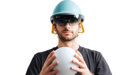 Construction worker holding a safety helmet and a white ball on isolated background.