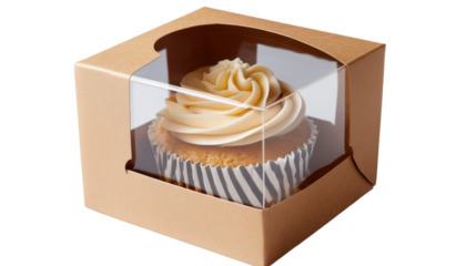 Cupcake in a clear box with natural paper packaging on white background.