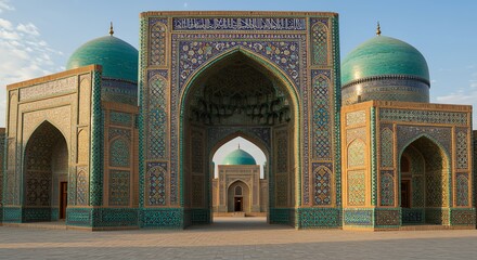 Islamic Architectural Masterpiece: Turquoise Domes and Intricate Tilework