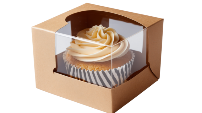 Cupcake in a clear box with natural paper packaging on white background.