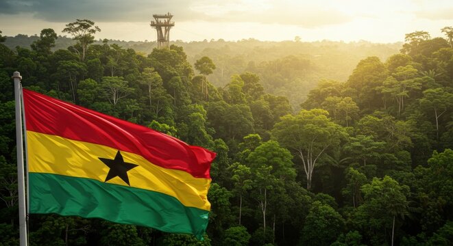 Waving Ghanaian Flag Symbolizing Black Star of Africa Over the Lush Tropical Rainforest Canopy