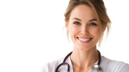 Doctor smiling, wearing a stethoscope, white isolated background.