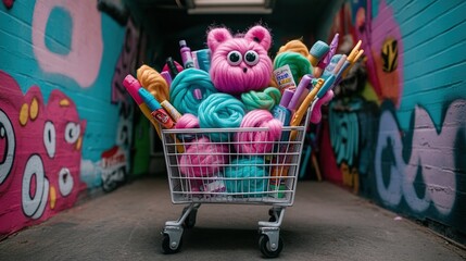 Colorful Yarn and Art Supplies in a Shopping Cart Against Graffiti Wall A Fun Creative Scene