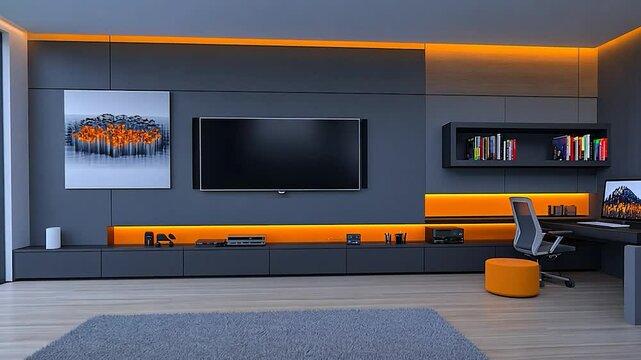 Modern Home Theater and Office Design: Sleek Gray and Orange Interior