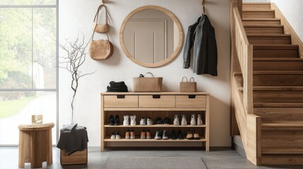 Compact entryway with modular shoe rack and adjustable mirror