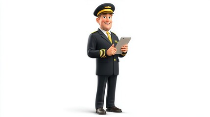 Cartoon pilot character holding tablet