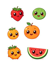Adorable Kawaii Fruits Illustration Strawberry, Lime, Orange, and Watermelon Clipart