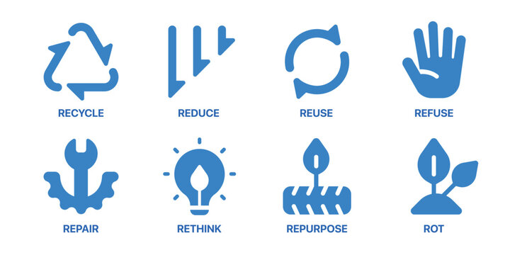 Zero waste included 5Rs lifestyle flat blue icon set