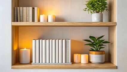 Fototapeta premium Wooden bookshelf with books, potted plants, and glowing candles in cozy interior setting 
