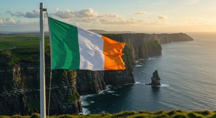 Waving Irish Flag Symbolizing Emerald Isle Heritage Against the Dramatic Atlantic Cliffs of Moher