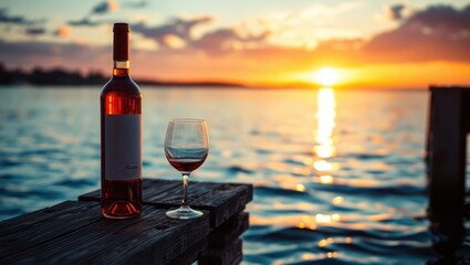 wine bottle on the beach at sunset