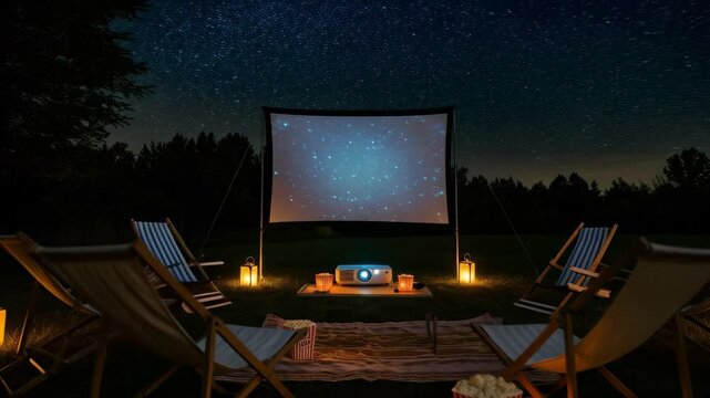 Outdoor movie night under the stars, comfortable deck chairs, popcorn, and lanterns create a magical ambiance