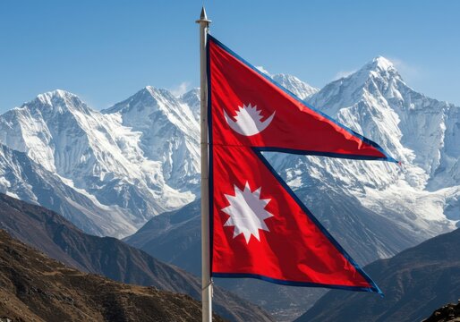 Waving Unique Nepali Flag Symbolizing Himalayas Against the Majestic Peaks of Mount Everest Range