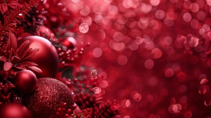 A festive arrangement of red ornaments and decorations set against a blurred background with bokeh lights creates a warm and vibrant holiday atmosphere, perfect for the season. - Powered by Adobe