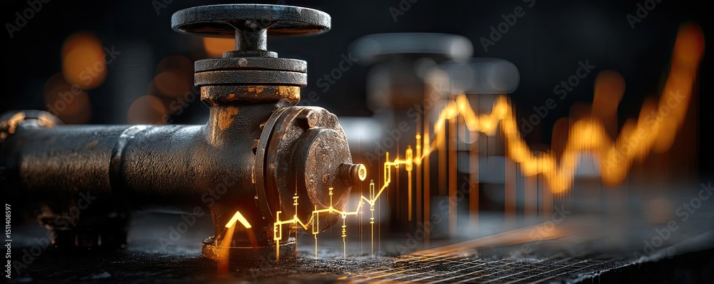 Poster oil price forecast and refinery from fossil market concept. industrial pipeline with a rising graph,