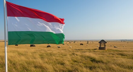 Waving Hungarian Flag Representing Pannonian Spirit Over the Vast Grasslands of the Puszta