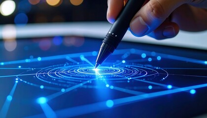 A hand uses a stylus to interact with a glowing blue digital interface displaying a network and data flow.
