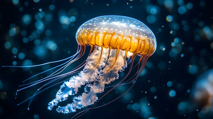 Close-up of a jellyfish in dark water.