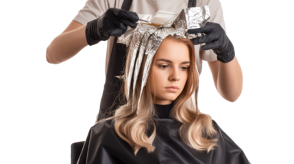 Hair stylist applying highlights to woman's hair with foils.