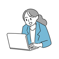 笑顔でパソコン作業する女性イラスト