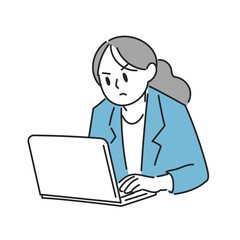 真剣な女性のパソコン作業イラスト