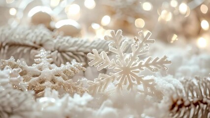 A decorative white snowflake takes center stage amidst snowy pine branches and soft bokeh lights. The image evokes a cozy winter atmosphere perfect for holiday decorating and festive celebrations. - Powered by Adobe