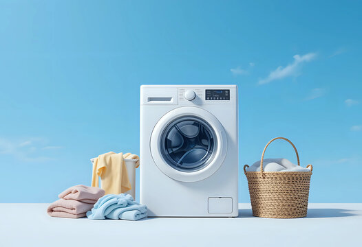 laundry and washing machine against a blue sky background. 3d rendering.