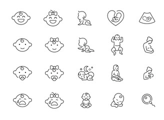 Fototapeta premium Baby, Child, and Pregnancy Line Icons. Newborn Care, Motherhood, Family Love, Breastfeeding, Fertility, Ultrasound, Insemination, Parent Symbols, Cute Kids and Emoticons Set.