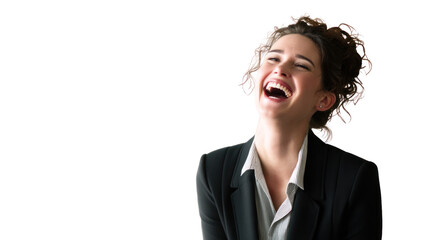 Happy businesswoman laughing on a white isolated background.