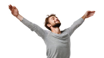 Happy man with arms raised, isolated on a white background.