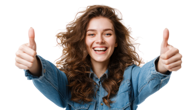 Happy young woman giving thumbs up, white isolate background.
