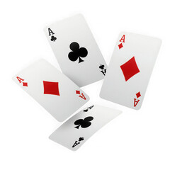 Four aces playing cards falling isolated on transparent background