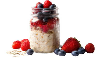 Healthy overnight oats with mixed berries in a jar on a white isolate background.
