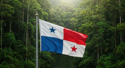 Waving Panamanian Flag Symbolizing Crossroads of Worlds Over the Dense Tropical Rainforest Landscape