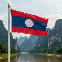 Waving Lao Flag Symbolizing Mekong Unity Amidst Karst Mountains and Caves Landscape
