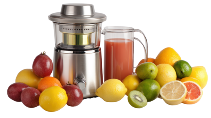 Juicer with assorted fruits and fresh juice on white isolated background.