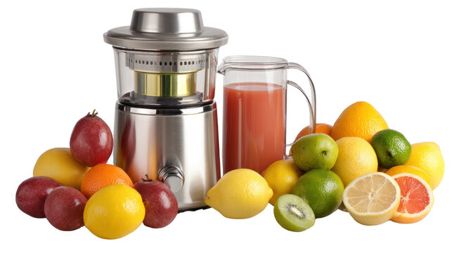Juicer with assorted fruits and fresh juice on white isolated background.