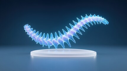 Futuristic wireframe human spine on dark background
