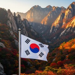 Waving South Korean Flag (Taegeukgi) Over the Beautiful Rocky Peaks of Seoraksan National Park